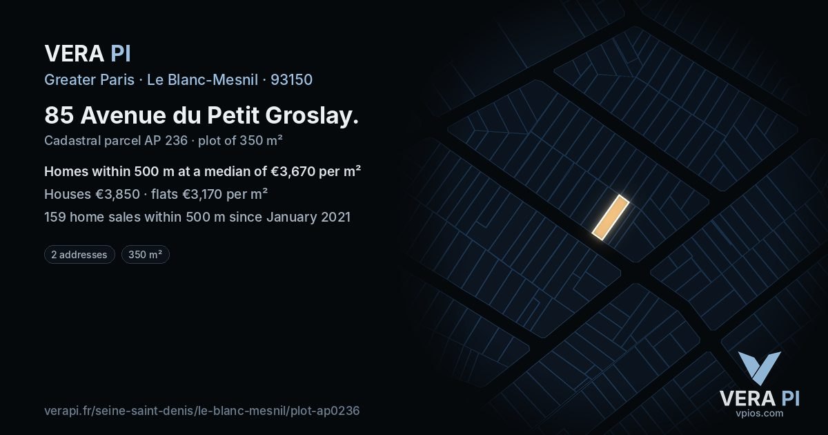 85 Avenue du Petit Groslay, Le Blanc-Mesnil at night – the plot lit, the parcels around coloured by the prices near them