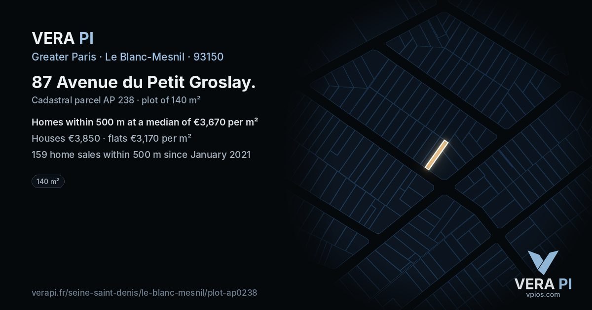 87 Avenue du Petit Groslay, Le Blanc-Mesnil at night – the plot lit, the parcels around coloured by the prices near them