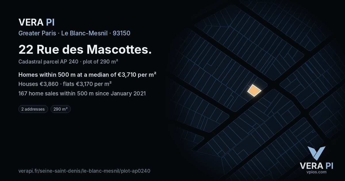 22 Rue des Mascottes, Le Blanc-Mesnil at night – the plot lit, the parcels around coloured by the prices near them