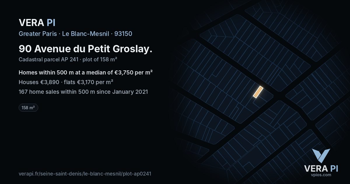 90 Avenue du Petit Groslay, Le Blanc-Mesnil at night – the plot lit, the parcels around coloured by the prices near them