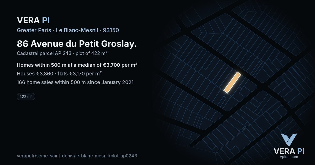 86 Avenue du Petit Groslay, Le Blanc-Mesnil at night – the plot lit, the parcels around coloured by the prices near them