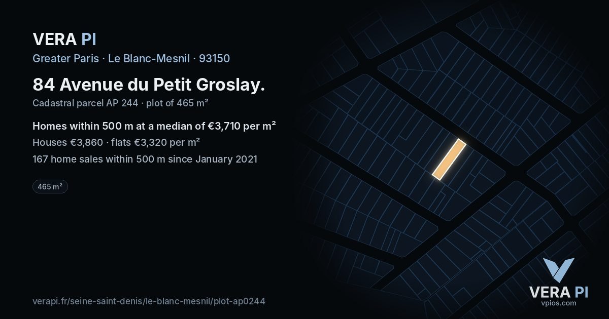 84 Avenue du Petit Groslay, Le Blanc-Mesnil at night – the plot lit, the parcels around coloured by the prices near them