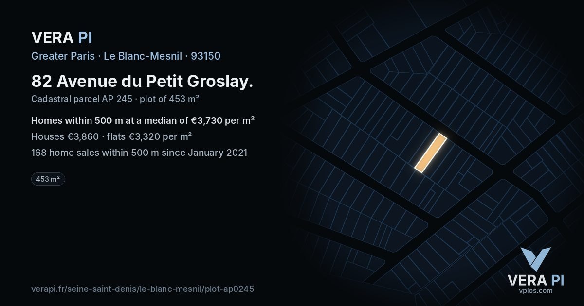 82 Avenue du Petit Groslay, Le Blanc-Mesnil at night – the plot lit, the parcels around coloured by the prices near them