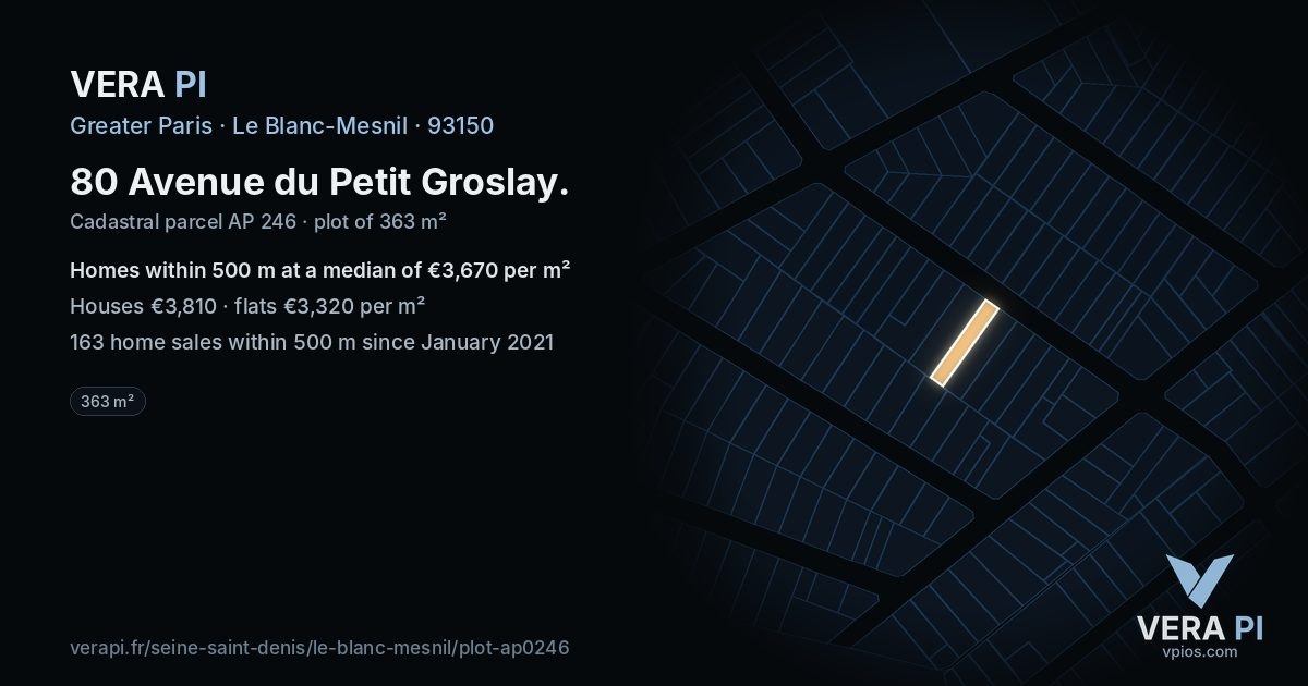 80 Avenue du Petit Groslay, Le Blanc-Mesnil at night – the plot lit, the parcels around coloured by the prices near them