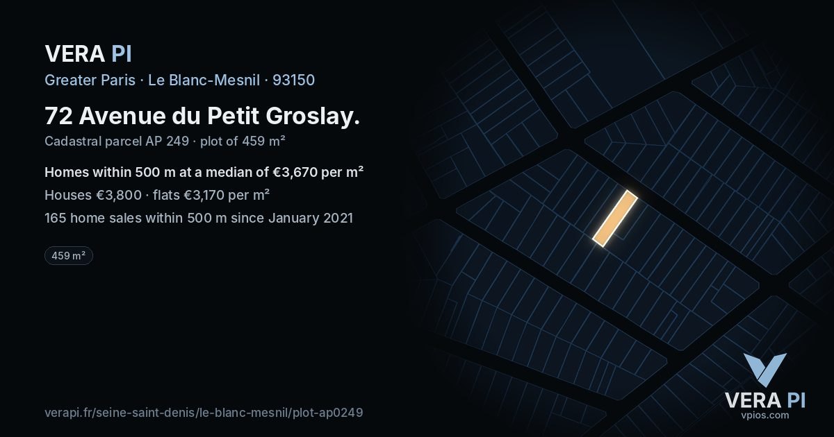72 Avenue du Petit Groslay, Le Blanc-Mesnil at night – the plot lit, the parcels around coloured by the prices near them