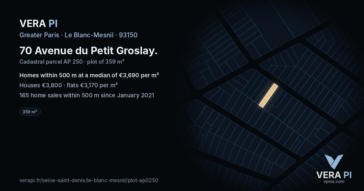 70 Avenue du Petit Groslay, Le Blanc-Mesnil at night – the plot lit, the parcels around coloured by the prices near them