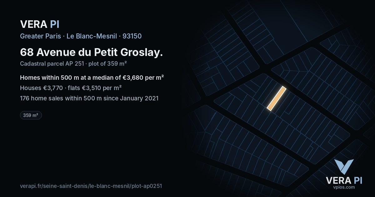 68 Avenue du Petit Groslay, Le Blanc-Mesnil at night – the plot lit, the parcels around coloured by the prices near them