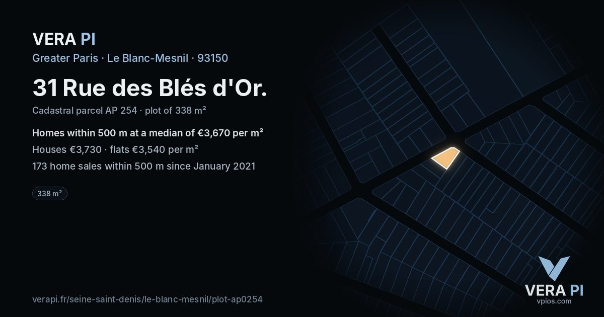 31 Rue des Blés d'Or, Le Blanc-Mesnil at night – the plot lit, the parcels around coloured by the prices near them