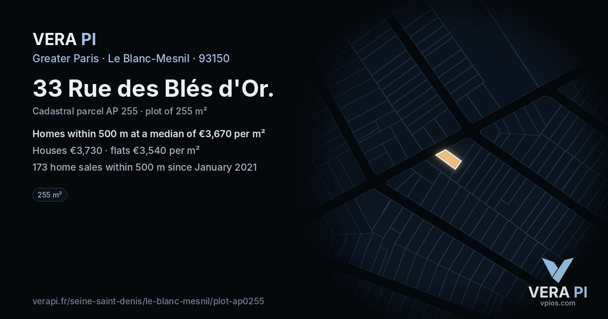 33 Rue des Blés d'Or, Le Blanc-Mesnil at night – the plot lit, the parcels around coloured by the prices near them