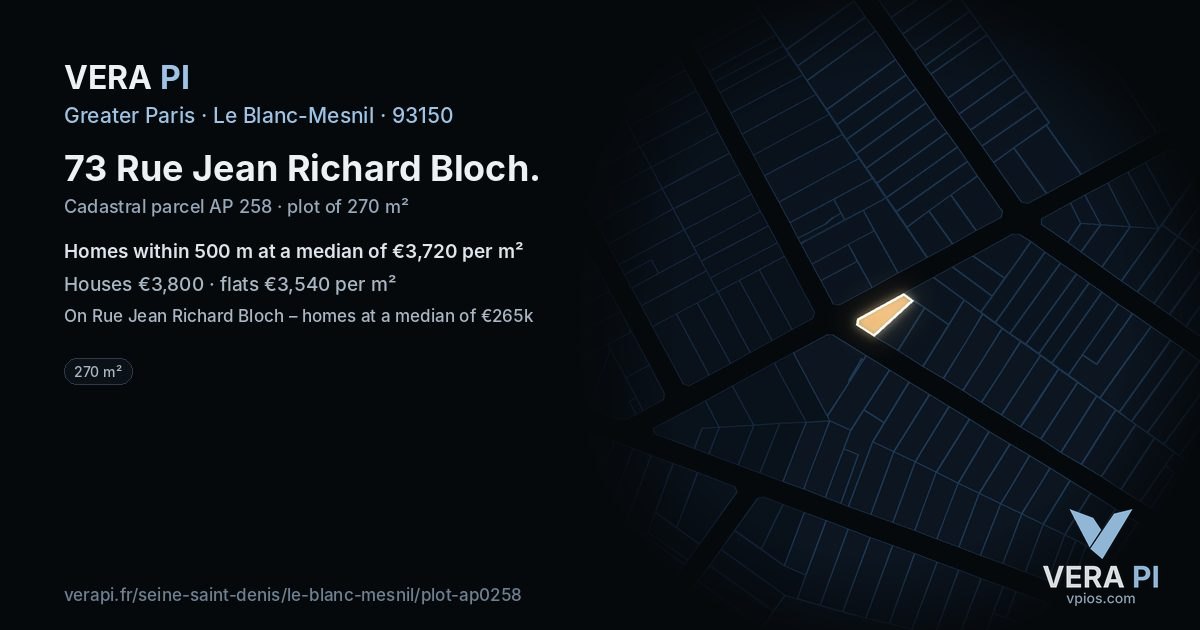 73 Rue Jean Richard Bloch, Le Blanc-Mesnil at night – the plot lit, the parcels around coloured by the prices near them