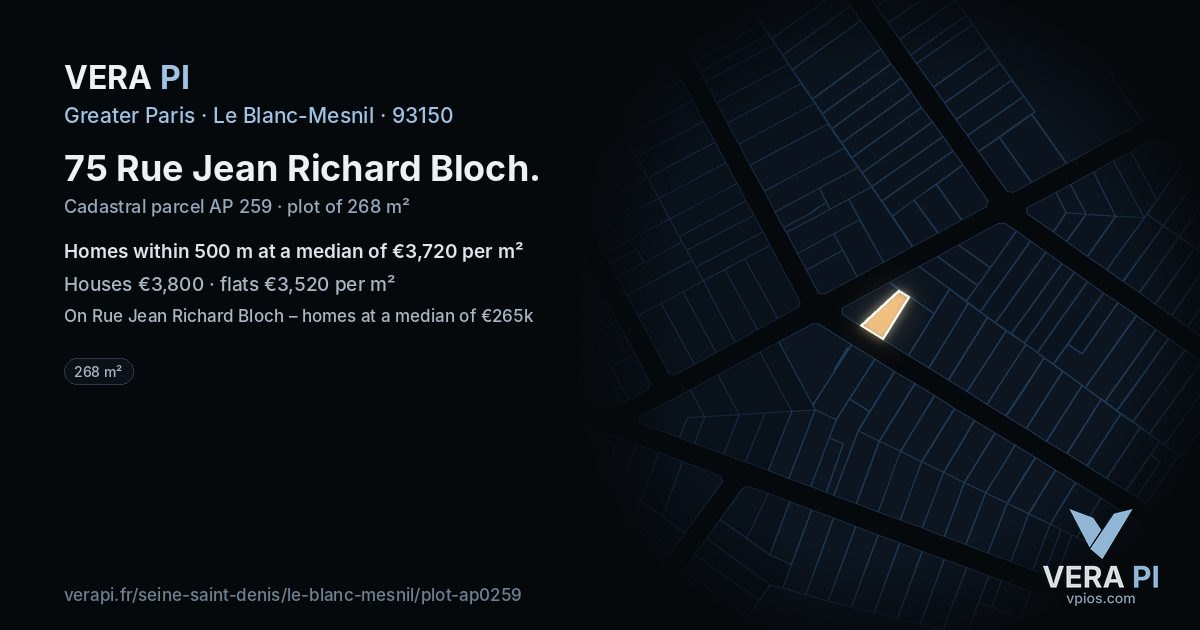 75 Rue Jean Richard Bloch, Le Blanc-Mesnil at night – the plot lit, the parcels around coloured by the prices near them