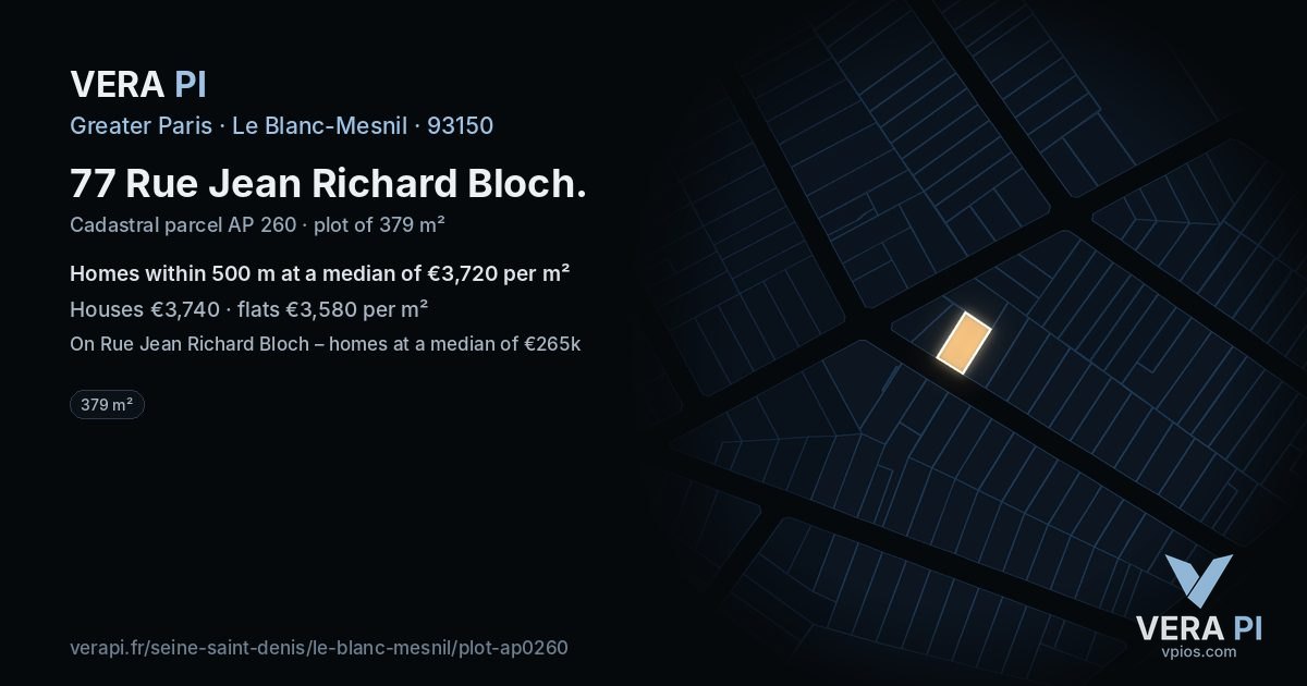 77 Rue Jean Richard Bloch, Le Blanc-Mesnil at night – the plot lit, the parcels around coloured by the prices near them