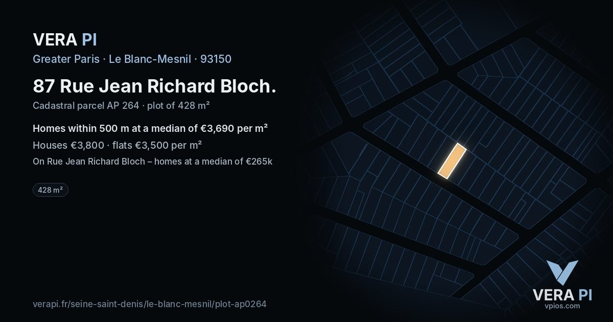 87 Rue Jean Richard Bloch, Le Blanc-Mesnil at night – the plot lit, the parcels around coloured by the prices near them