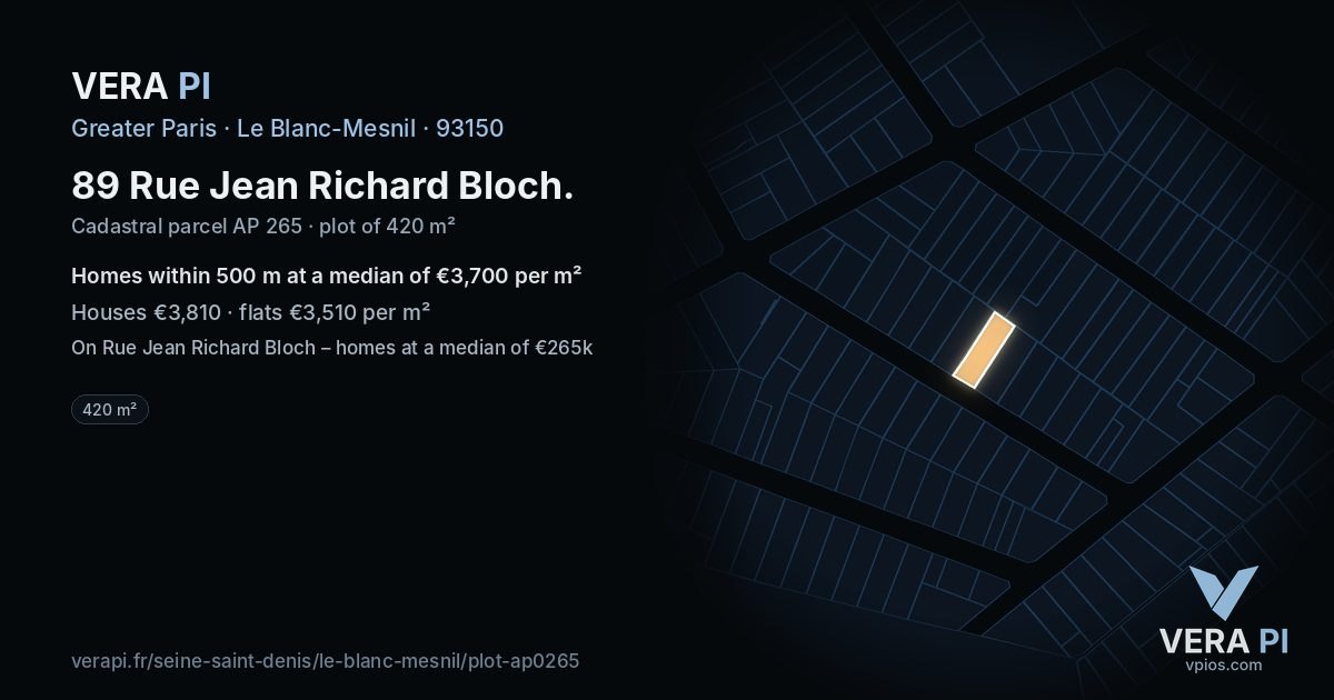 89 Rue Jean Richard Bloch, Le Blanc-Mesnil at night – the plot lit, the parcels around coloured by the prices near them