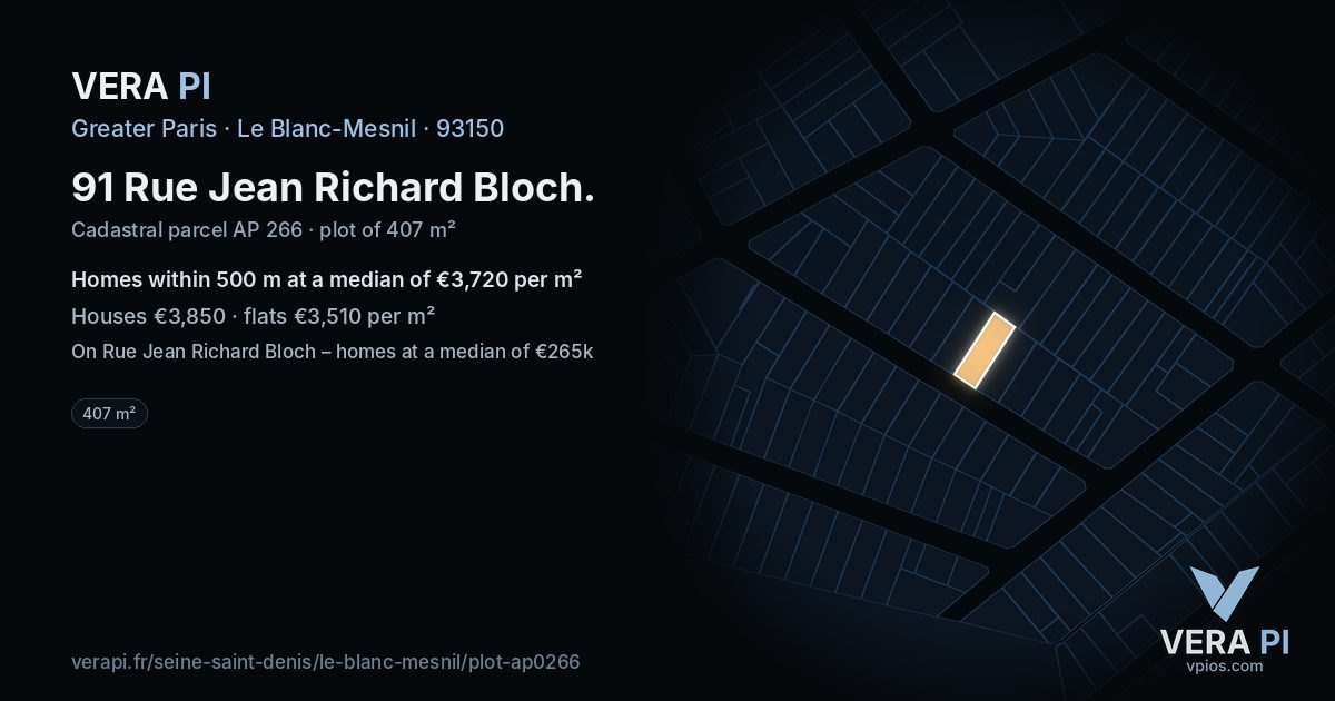 91 Rue Jean Richard Bloch, Le Blanc-Mesnil at night – the plot lit, the parcels around coloured by the prices near them