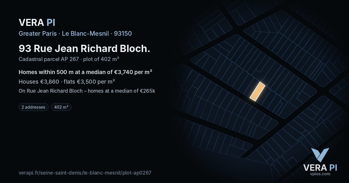 93 Rue Jean Richard Bloch, Le Blanc-Mesnil at night – the plot lit, the parcels around coloured by the prices near them