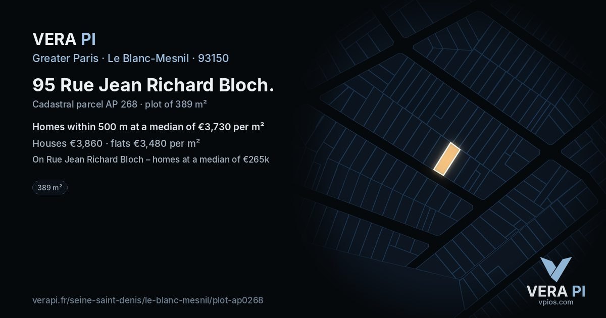 95 Rue Jean Richard Bloch, Le Blanc-Mesnil at night – the plot lit, the parcels around coloured by the prices near them