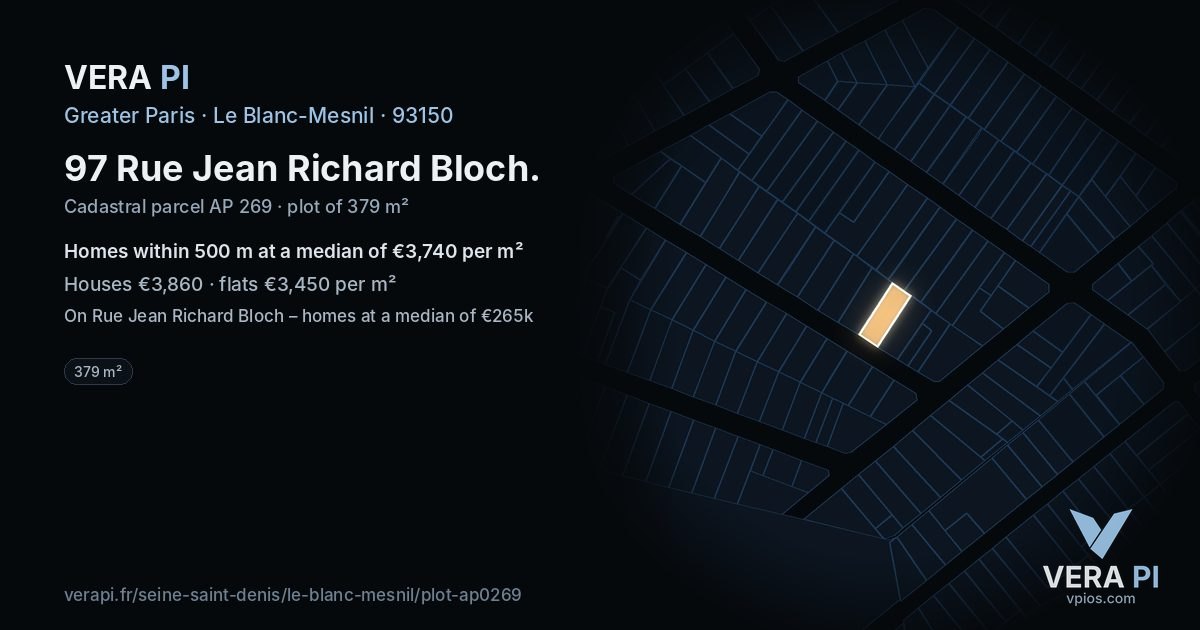 97 Rue Jean Richard Bloch, Le Blanc-Mesnil at night – the plot lit, the parcels around coloured by the prices near them