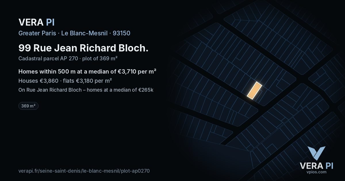 99 Rue Jean Richard Bloch, Le Blanc-Mesnil at night – the plot lit, the parcels around coloured by the prices near them