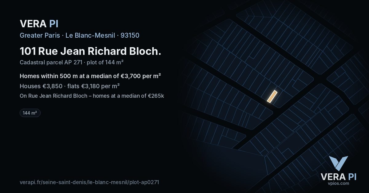 101 Rue Jean Richard Bloch, Le Blanc-Mesnil at night – the plot lit, the parcels around coloured by the prices near them