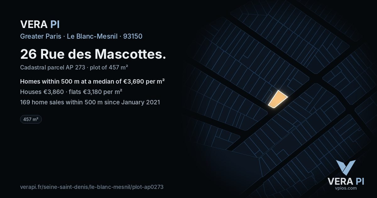 26 Rue des Mascottes, Le Blanc-Mesnil at night – the plot lit, the parcels around coloured by the prices near them