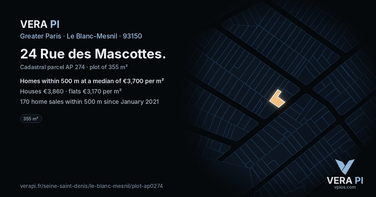 24 Rue des Mascottes, Le Blanc-Mesnil at night – the plot lit, the parcels around coloured by the prices near them
