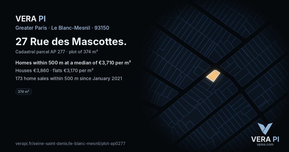 27 Rue des Mascottes, Le Blanc-Mesnil at night – the plot lit, the parcels around coloured by the prices near them