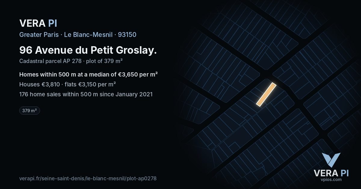 96 Avenue du Petit Groslay, Le Blanc-Mesnil at night – the plot lit, the parcels around coloured by the prices near them