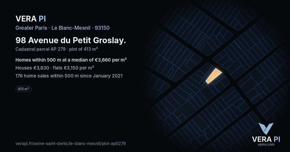 98 Avenue du Petit Groslay, Le Blanc-Mesnil at night – the plot lit, the parcels around coloured by the prices near them