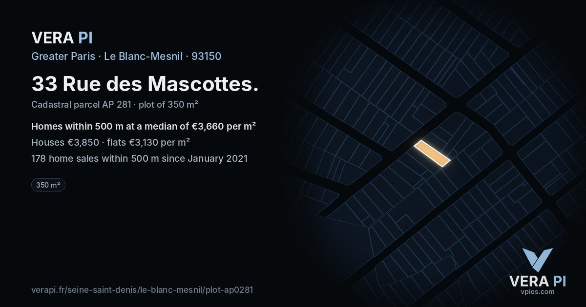 33 Rue des Mascottes, Le Blanc-Mesnil at night – the plot lit, the parcels around coloured by the prices near them
