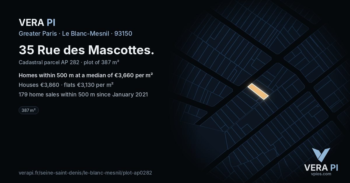 35 Rue des Mascottes, Le Blanc-Mesnil at night – the plot lit, the parcels around coloured by the prices near them