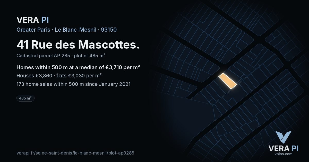 41 Rue des Mascottes, Le Blanc-Mesnil at night – the plot lit, the parcels around coloured by the prices near them