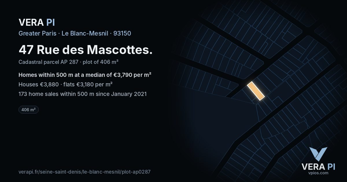 47 Rue des Mascottes, Le Blanc-Mesnil at night – the plot lit, the parcels around coloured by the prices near them