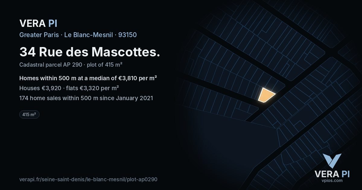 34 Rue des Mascottes, Le Blanc-Mesnil at night – the plot lit, the parcels around coloured by the prices near them