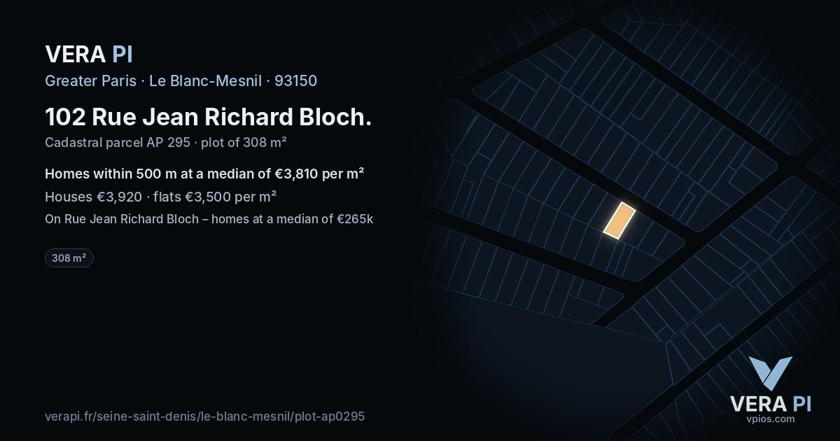 102 Rue Jean Richard Bloch, Le Blanc-Mesnil at night – the plot lit, the parcels around coloured by the prices near them