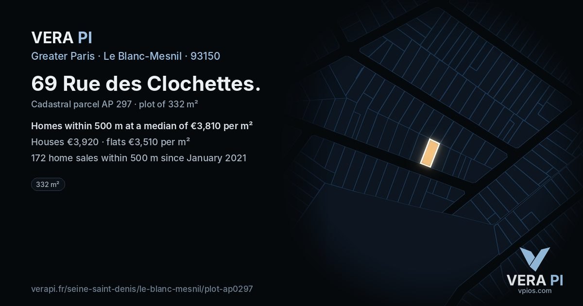 69 Rue des Clochettes, Le Blanc-Mesnil at night – the plot lit, the parcels around coloured by the prices near them