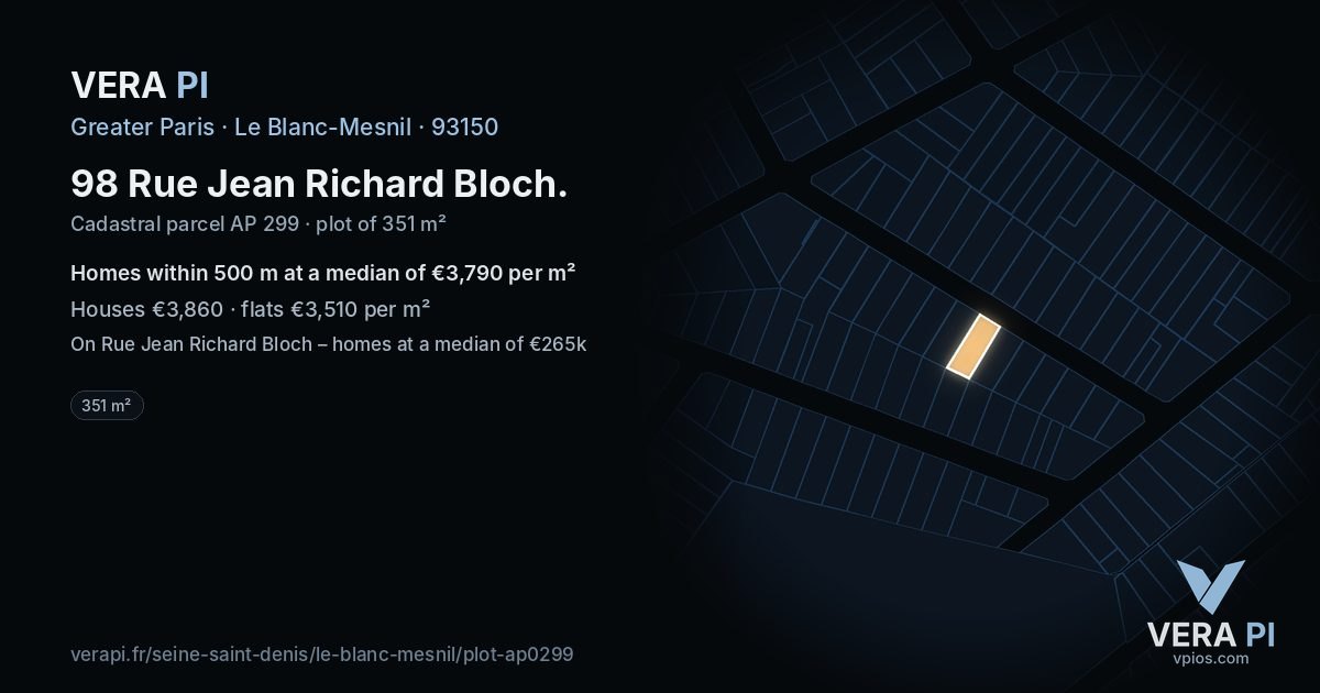 98 Rue Jean Richard Bloch, Le Blanc-Mesnil at night – the plot lit, the parcels around coloured by the prices near them