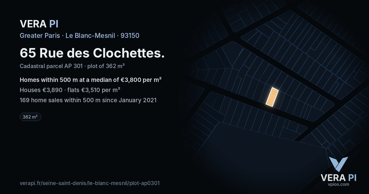65 Rue des Clochettes, Le Blanc-Mesnil at night – the plot lit, the parcels around coloured by the prices near them