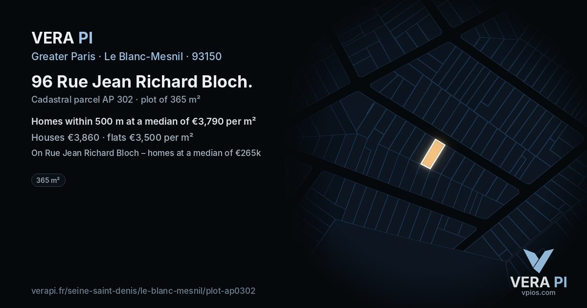 96 Rue Jean Richard Bloch, Le Blanc-Mesnil at night – the plot lit, the parcels around coloured by the prices near them