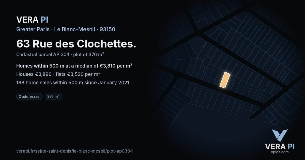 63 Rue des Clochettes, Le Blanc-Mesnil at night – the plot lit, the parcels around coloured by the prices near them