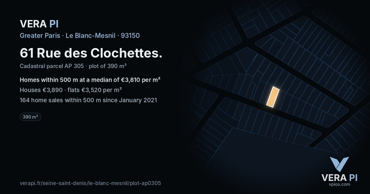 61 Rue des Clochettes, Le Blanc-Mesnil at night – the plot lit, the parcels around coloured by the prices near them