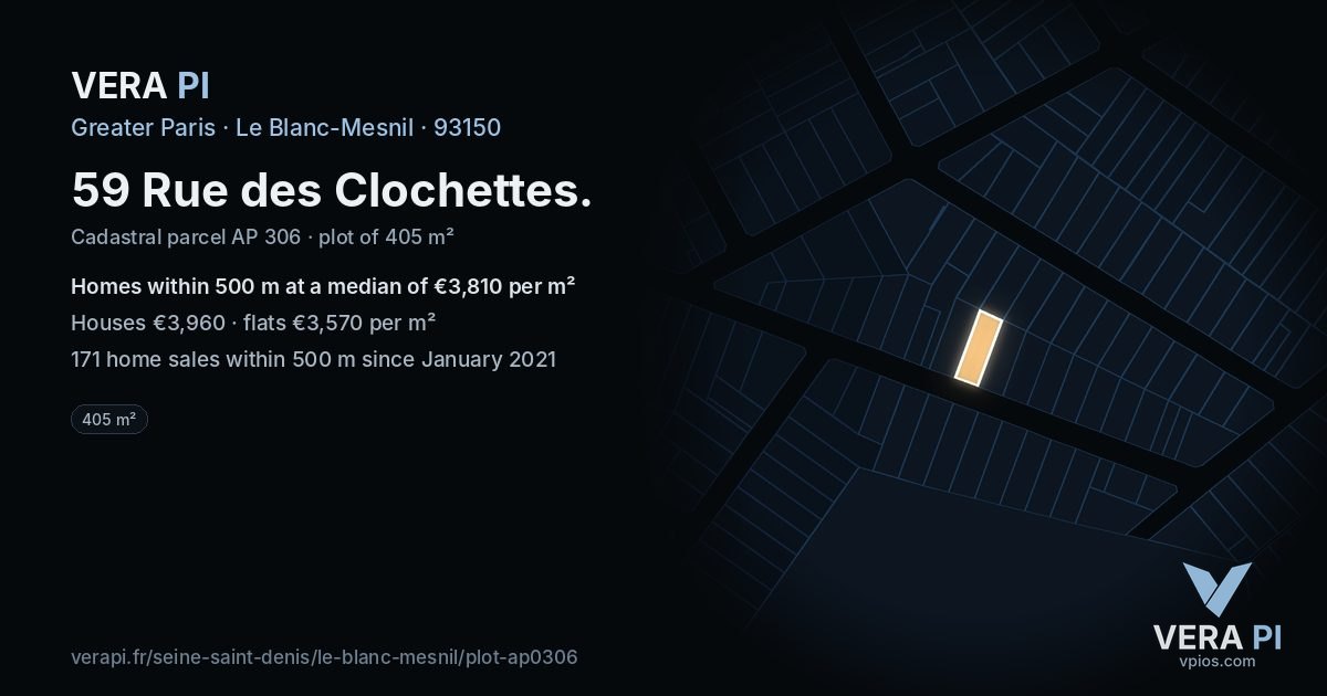 59 Rue des Clochettes, Le Blanc-Mesnil at night – the plot lit, the parcels around coloured by the prices near them