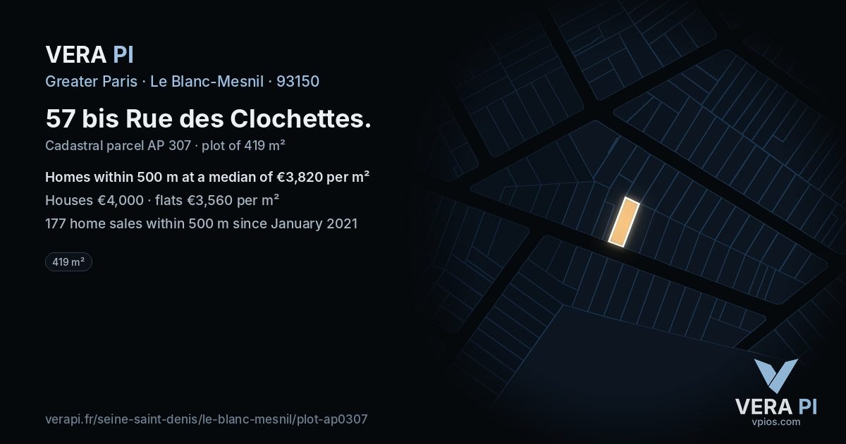 57 bis Rue des Clochettes, Le Blanc-Mesnil at night – the plot lit, the parcels around coloured by the prices near them
