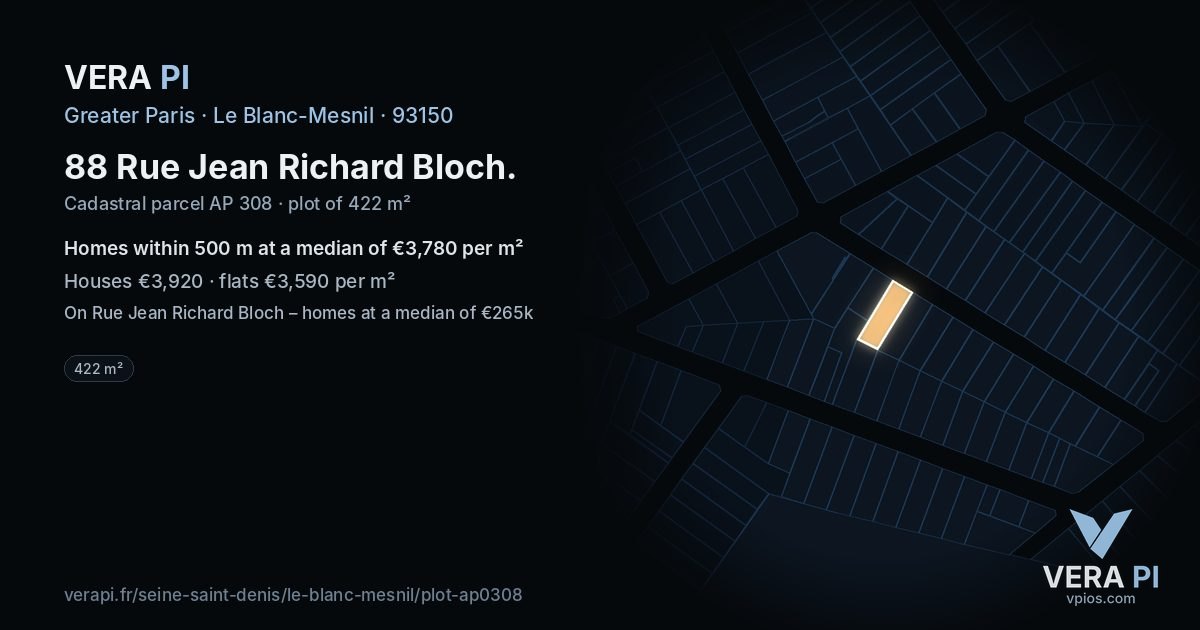 88 Rue Jean Richard Bloch, Le Blanc-Mesnil at night – the plot lit, the parcels around coloured by the prices near them