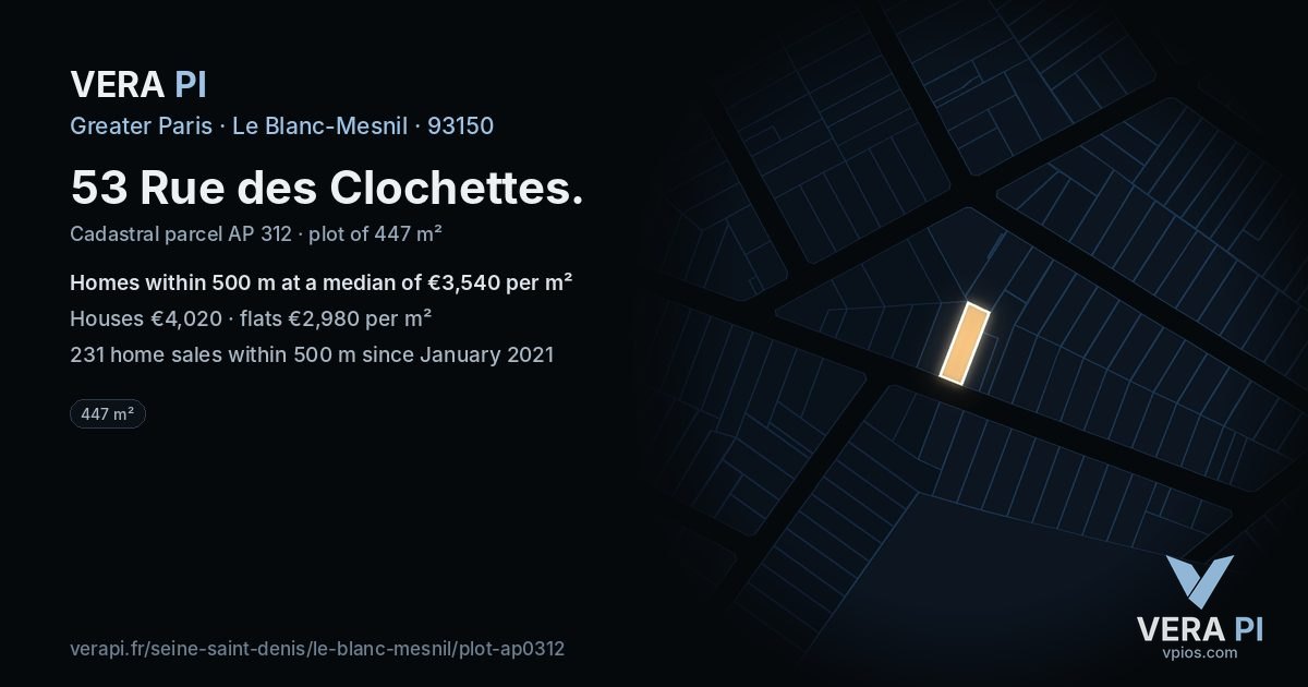 53 Rue des Clochettes, Le Blanc-Mesnil at night – the plot lit, the parcels around coloured by the prices near them
