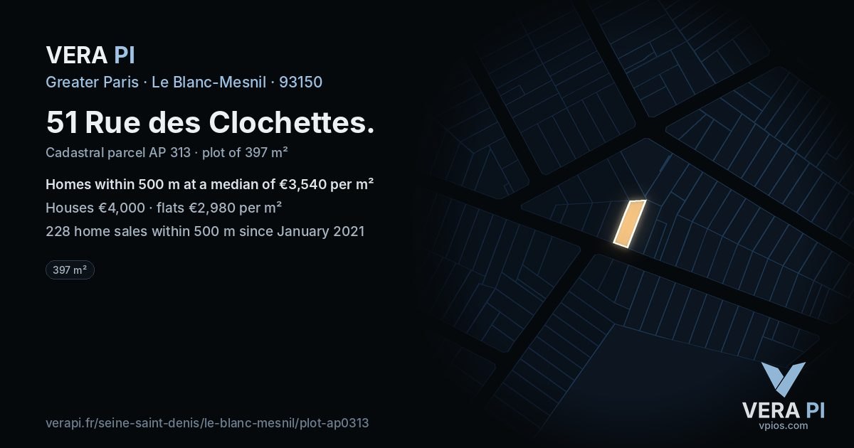 51 Rue des Clochettes, Le Blanc-Mesnil at night – the plot lit, the parcels around coloured by the prices near them