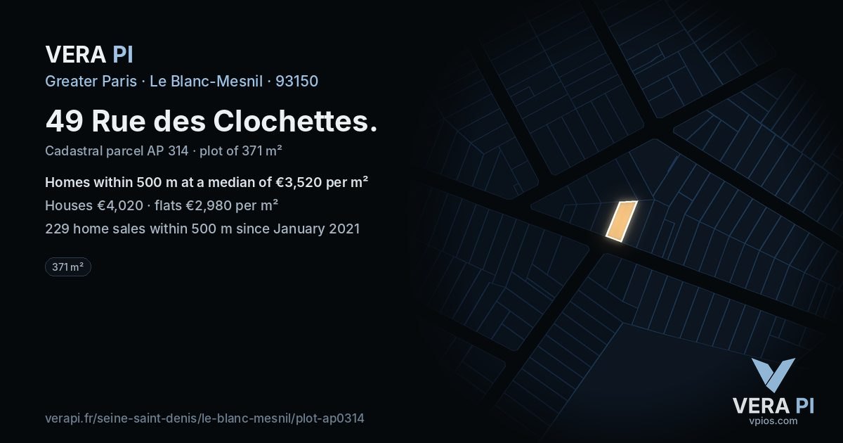 49 Rue des Clochettes, Le Blanc-Mesnil at night – the plot lit, the parcels around coloured by the prices near them
