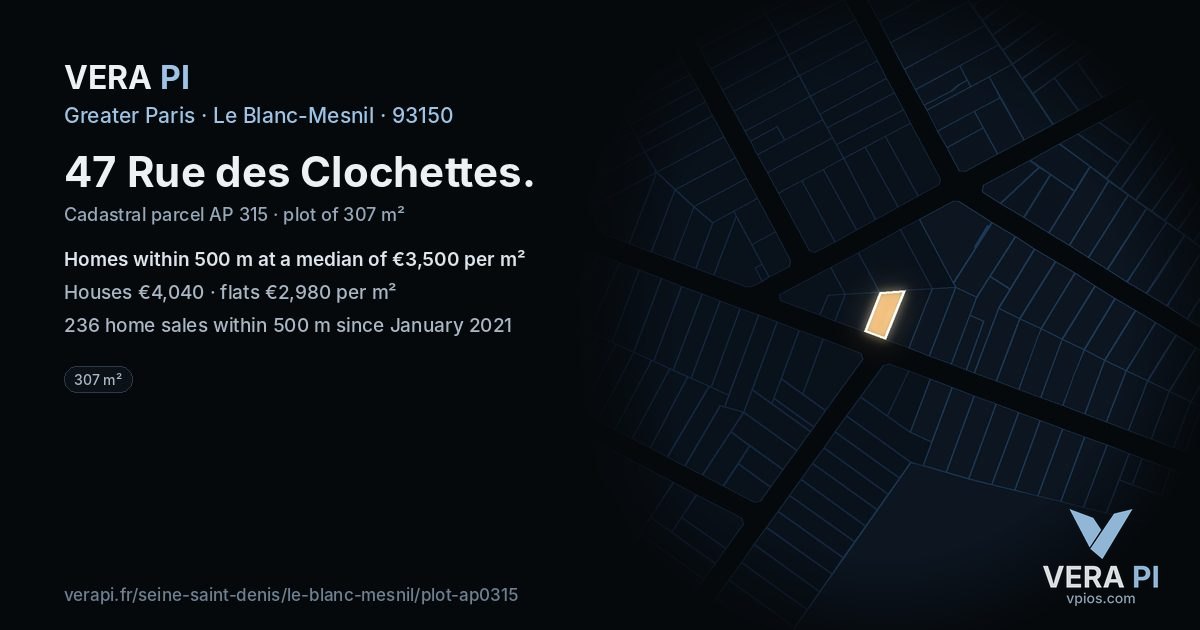 47 Rue des Clochettes, Le Blanc-Mesnil at night – the plot lit, the parcels around coloured by the prices near them