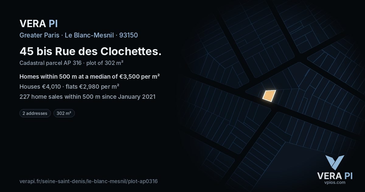 45 bis Rue des Clochettes, Le Blanc-Mesnil at night – the plot lit, the parcels around coloured by the prices near them