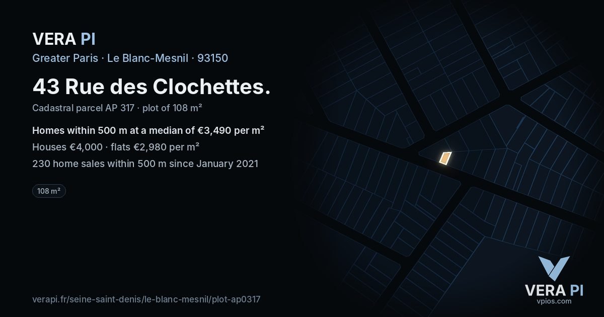 43 Rue des Clochettes, Le Blanc-Mesnil at night – the plot lit, the parcels around coloured by the prices near them